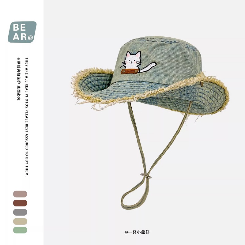 Bucket Hat Embroidered - Cute Cat Embroidery Washed Denim Drawstring