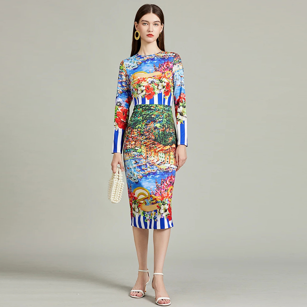 Street Fashion Runway - Runway Fashion Striped Landscape Painting Bodycon