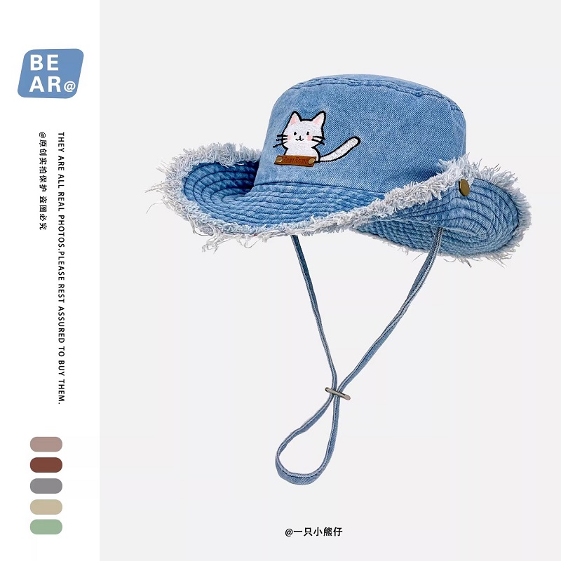 Cute Cat Embroidery Washed Den - مراجعة Bucket Hat Embroidered وسعره