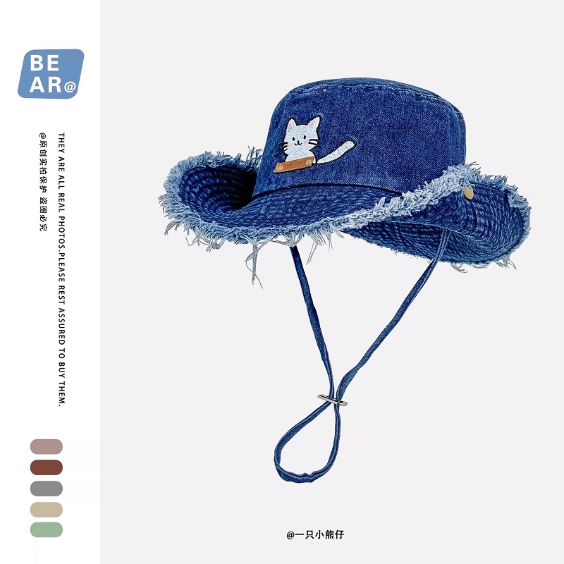 Cute Cat Embroidery Washed Den - مراجعة Bucket Hat Embroidered وسعره