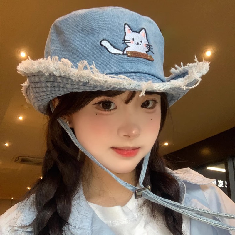 Cute Cat Embroidery Washed Den - مراجعة Bucket Hat Embroidered وسعره
