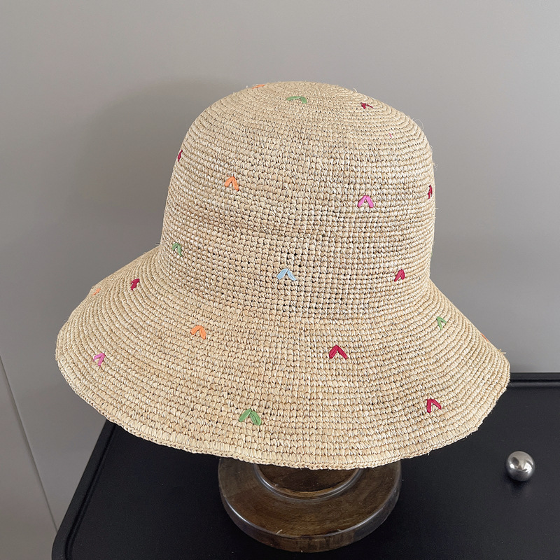 Women Embroidery Heart Raffia  - مراجعة Bucket Hat Embroidered وسعره
